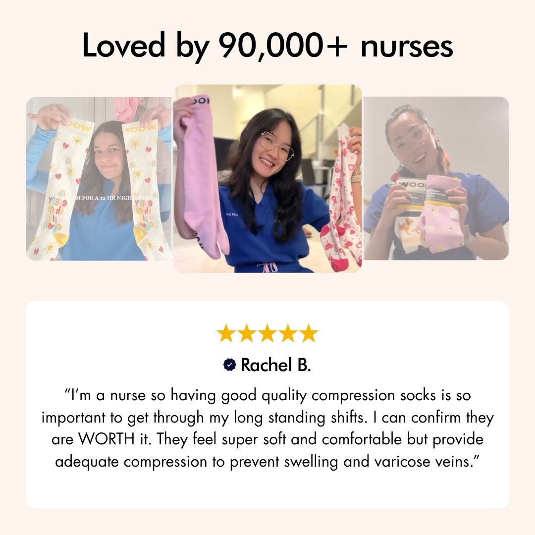Social proof graphic featuring nurse reviews for pink compression socks with line art boobs print.